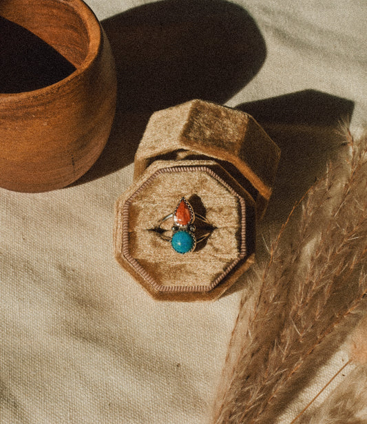 Red Coral and Turquoise Ring Sz7
