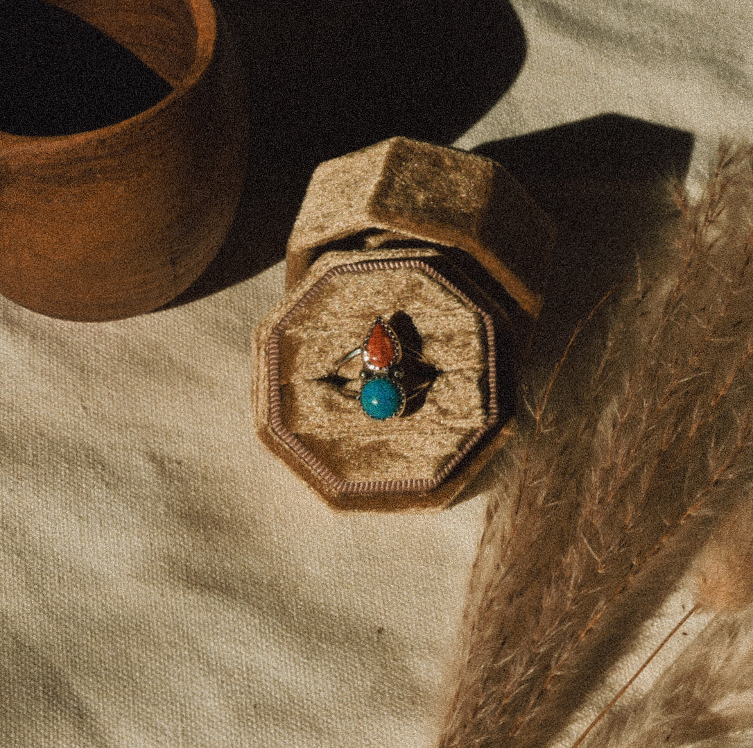 Red Coral and Turquoise Ring Sz7